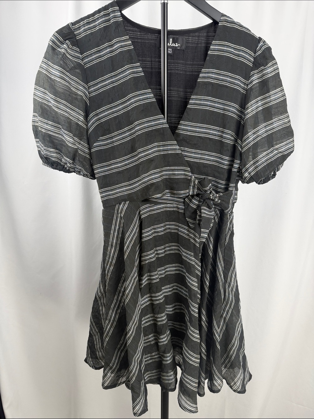 Lulus Black Striped Wrap Mini Dress Puff Sleeve Tie Waist XS
